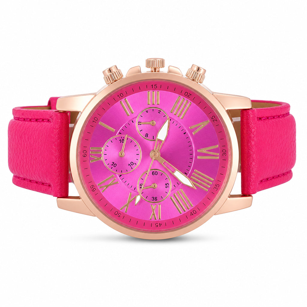 Simple Women's Quartz Watch with Leather Strap and Three-Eye Dial