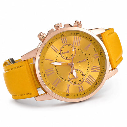 Simple Women's Quartz Watch with Leather Strap and Three-Eye Dial