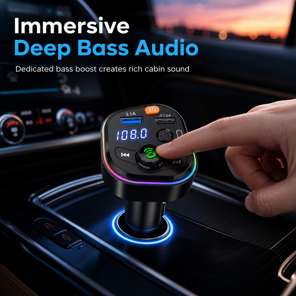Bluetooth Car FM Transmitter MP3 Player and with PD Fast Charging Dual USB Ports and Atmosphere Light