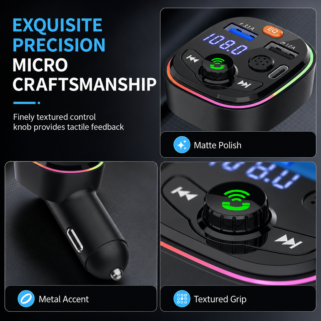 Bluetooth Car FM Transmitter MP3 Player and with PD Fast Charging Dual USB Ports and Atmosphere Light