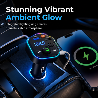 Bluetooth Car FM Transmitter MP3 Player and with PD Fast Charging Dual USB Ports and Atmosphere Light