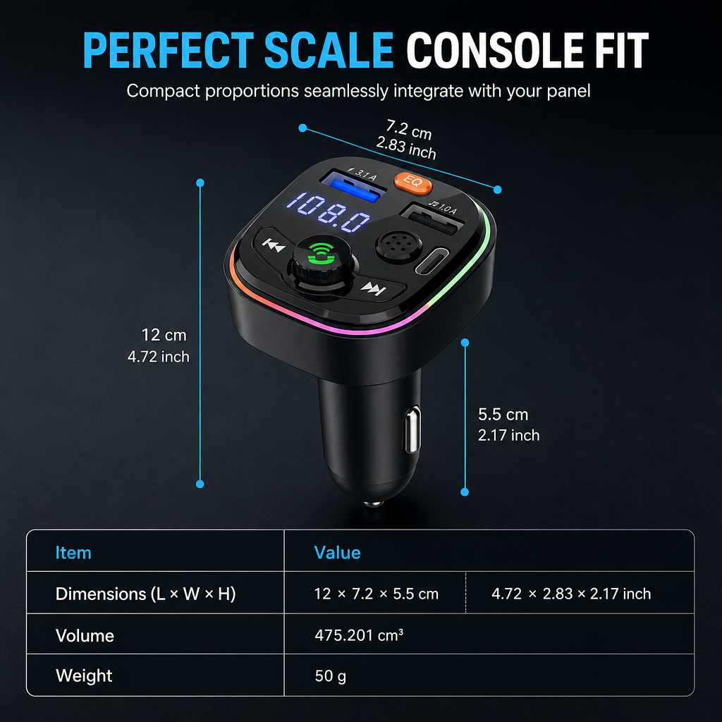 Bluetooth Car FM Transmitter MP3 Player and with PD Fast Charging Dual USB Ports and Atmosphere Light