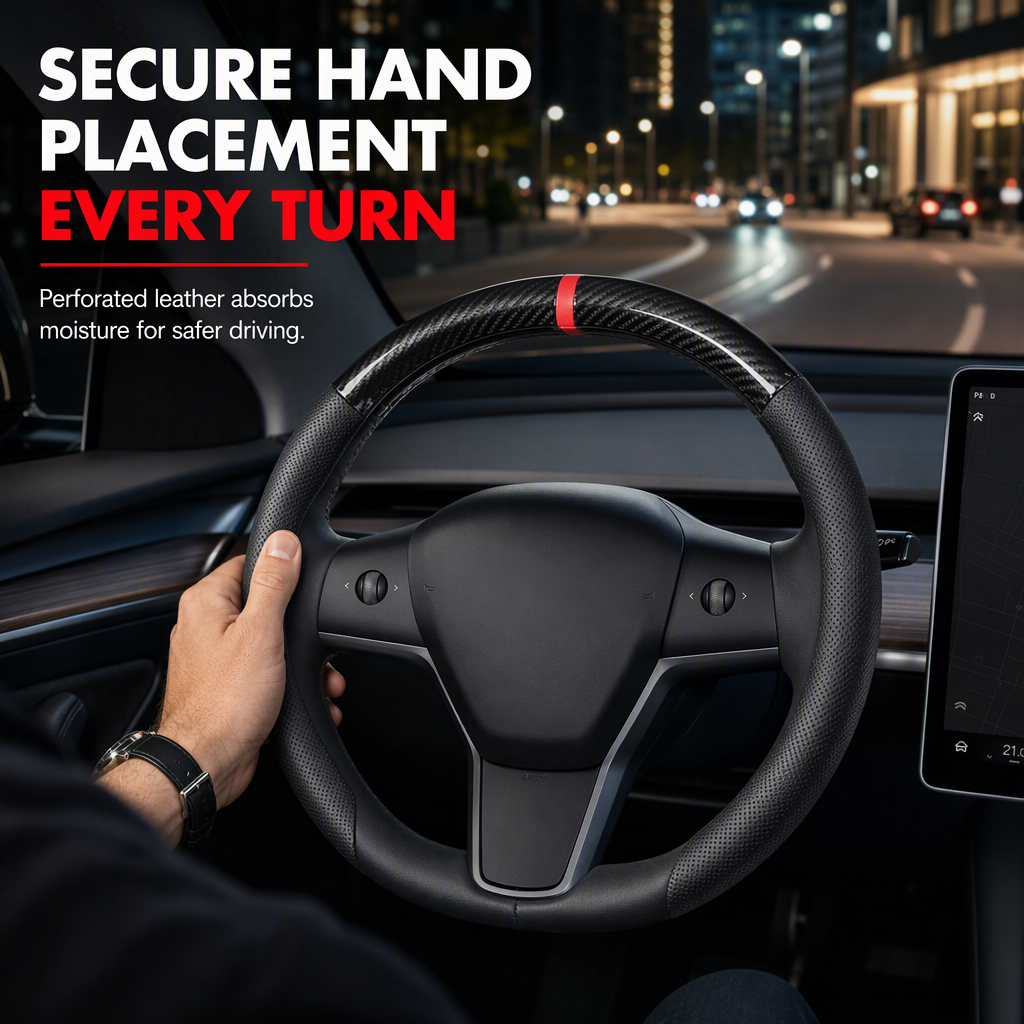 5D Carbon Fiber and Nappa Leather Car Steering Wheel Cover Breathable Sweat Absorbing Non Slip Steering Wheel Protector 38cm