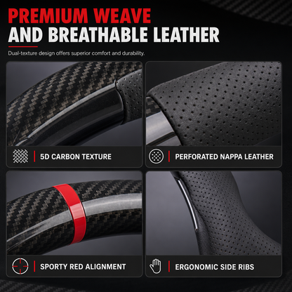 5D Carbon Fiber and Nappa Leather Car Steering Wheel Cover Breathable Sweat Absorbing Non Slip Steering Wheel Protector 38cm