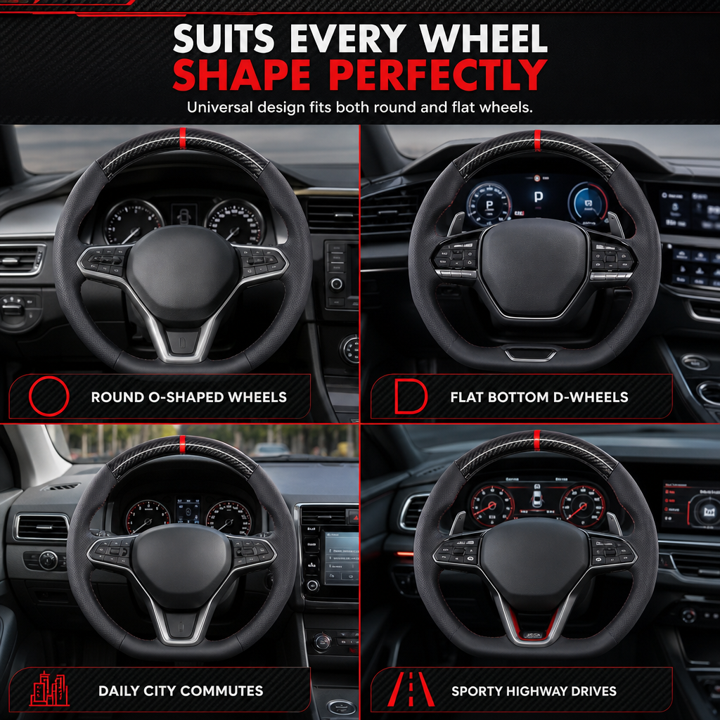 5D Carbon Fiber and Nappa Leather Car Steering Wheel Cover Breathable Sweat Absorbing Non Slip Steering Wheel Protector 38cm