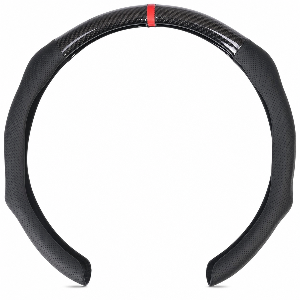 5D Carbon Fiber and Nappa Leather Car Steering Wheel Cover Breathable Sweat Absorbing Non Slip Steering Wheel Protector 38cm