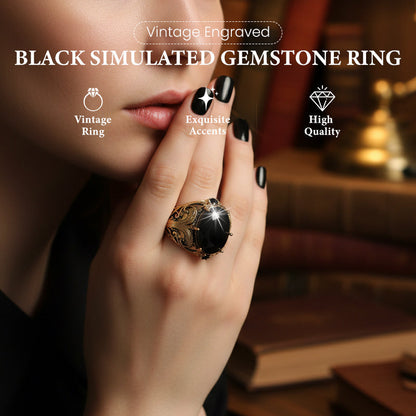 Vintage Engraved Black Simulated Gemstone Ring