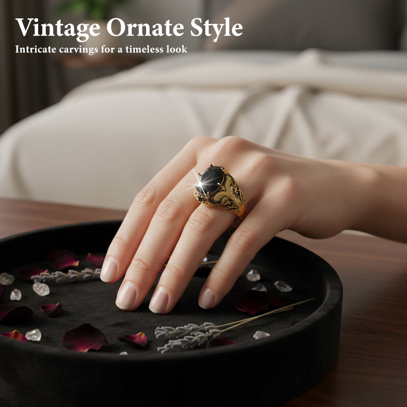 Vintage Engraved Black Simulated Gemstone Ring