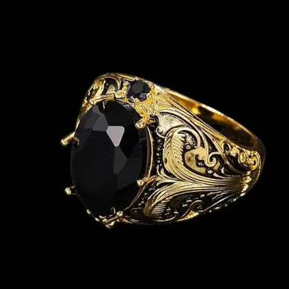 Vintage Engraved Black Simulated Gemstone Ring