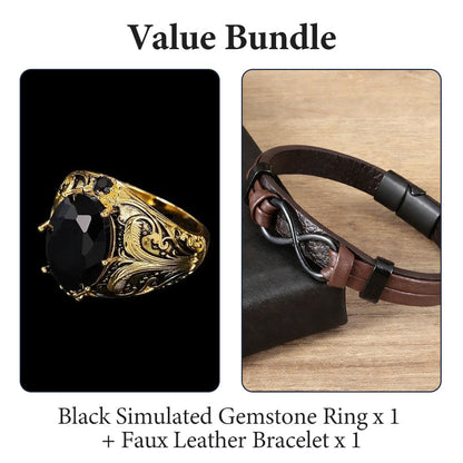 Vintage Engraved Black Simulated Gemstone Ring