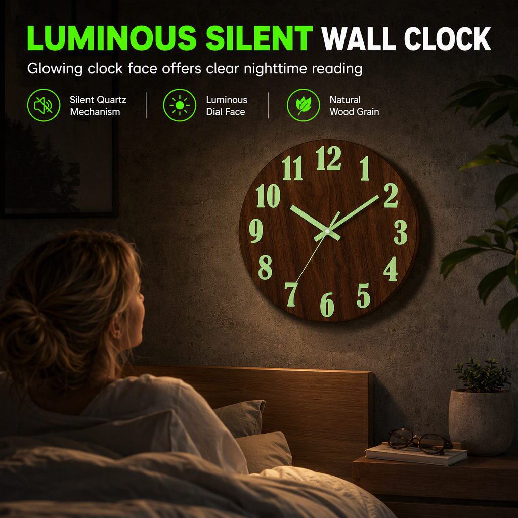 12 Inch Silent Wooden Wall Clock Luminous Glow in the Dark MDF Wood Grain Clock