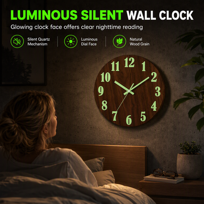 12 Inch Silent Wooden Wall Clock Luminous Glow in the Dark MDF Wood Grain Clock