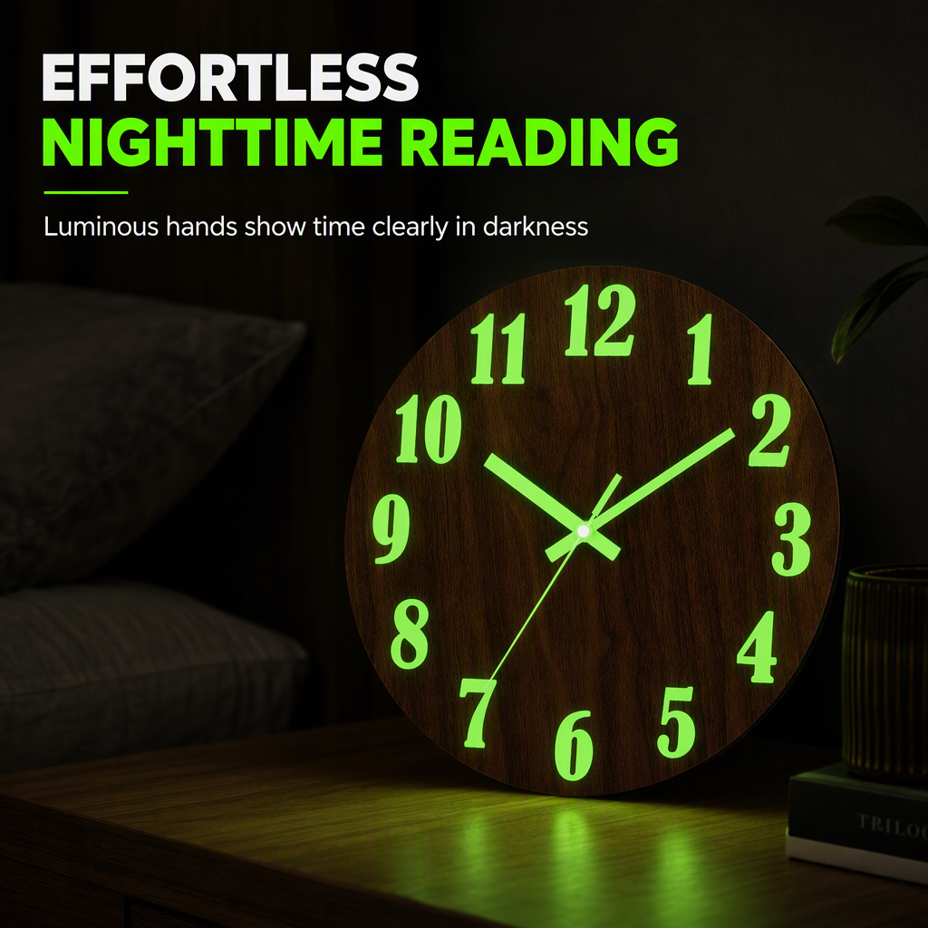 12 Inch Silent Wooden Wall Clock Luminous Glow in the Dark MDF Wood Grain Clock