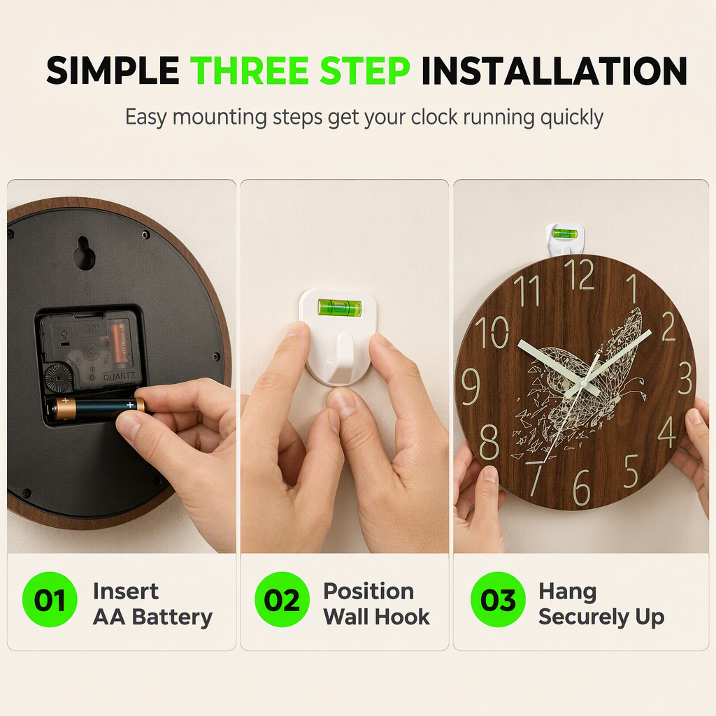 12 Inch Silent Wooden Wall Clock Luminous Glow in the Dark MDF Wood Grain Clock