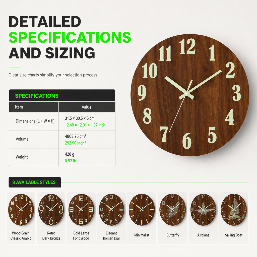12 Inch Silent Wooden Wall Clock Luminous Glow in the Dark MDF Wood Grain Clock