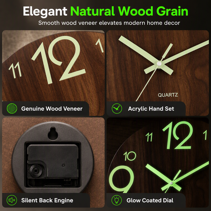 12 Inch Silent Wooden Wall Clock Luminous Glow in the Dark MDF Wood Grain Clock