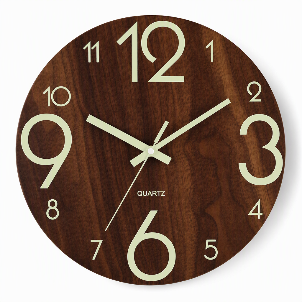 12 Inch Silent Wooden Wall Clock Luminous Glow in the Dark MDF Wood Grain Clock