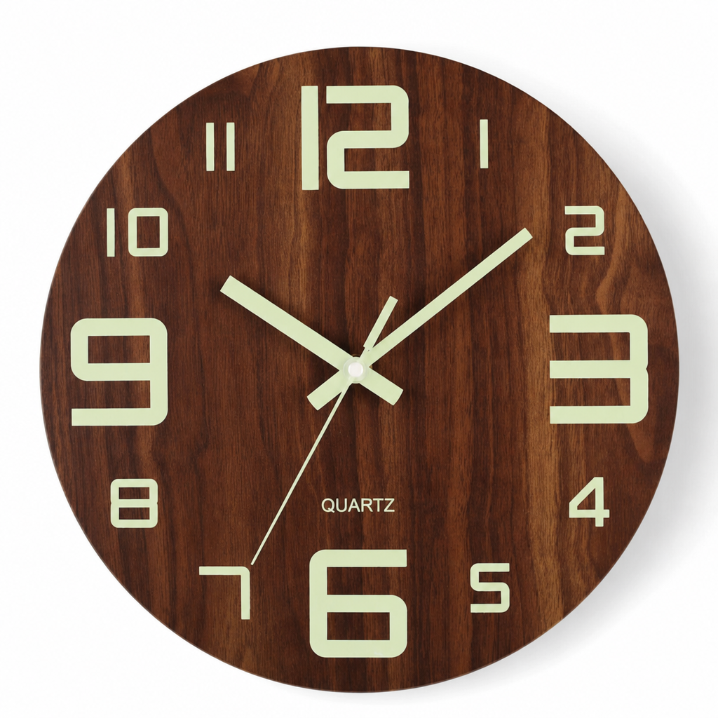 12 Inch Silent Wooden Wall Clock Luminous Glow in the Dark MDF Wood Grain Clock