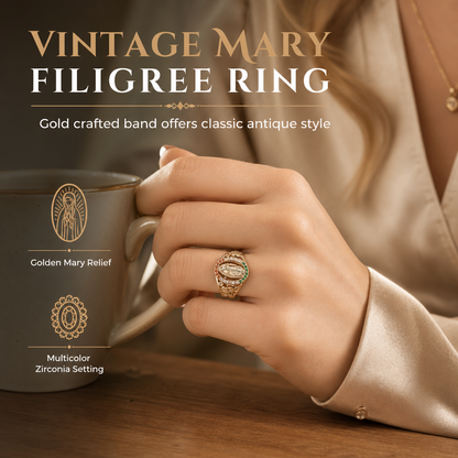 Gold Tone Metal Goddess Portrait and Flower Ring for Women with Oval Colorful Cubic Zirconia Old Money Style