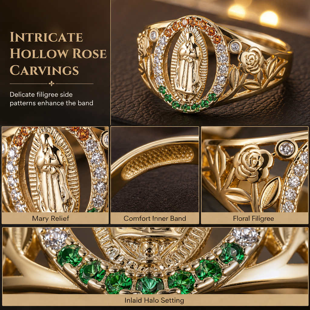 Gold Tone Metal Goddess Portrait and Flower Ring for Women with Oval Colorful Cubic Zirconia Old Money Style