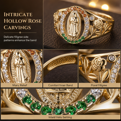 Gold Tone Metal Goddess Portrait and Flower Ring for Women with Oval Colorful Cubic Zirconia Old Money Style