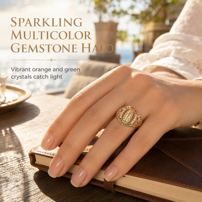 Gold Tone Metal Goddess Portrait and Flower Ring for Women with Oval Colorful Cubic Zirconia Old Money Style