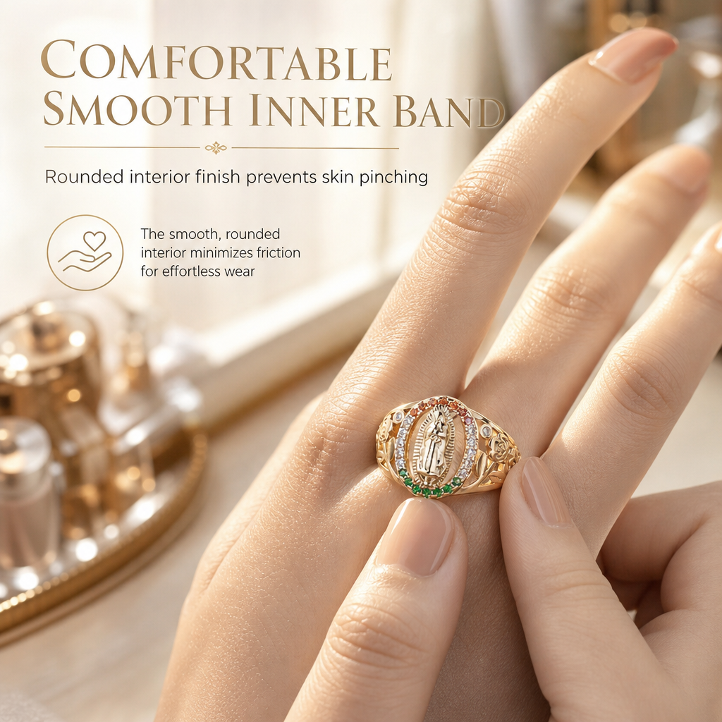 Gold Tone Metal Goddess Portrait and Flower Ring for Women with Oval Colorful Cubic Zirconia Old Money Style