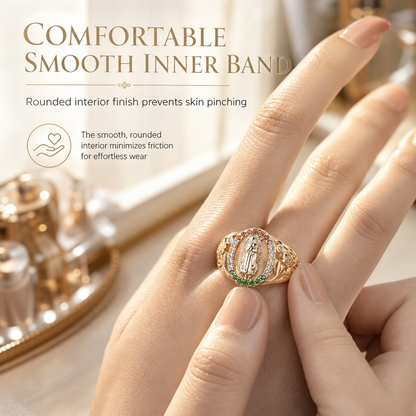 Gold Tone Metal Goddess Portrait and Flower Ring for Women with Oval Colorful Cubic Zirconia Old Money Style
