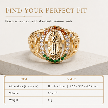 Gold Tone Metal Goddess Portrait and Flower Ring for Women with Oval Colorful Cubic Zirconia Old Money Style