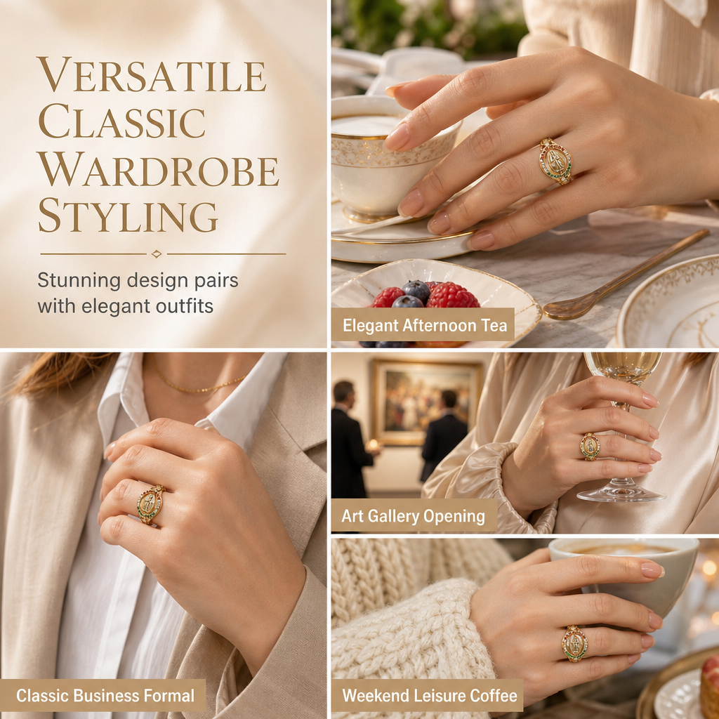 Gold Tone Metal Goddess Portrait and Flower Ring for Women with Oval Colorful Cubic Zirconia Old Money Style