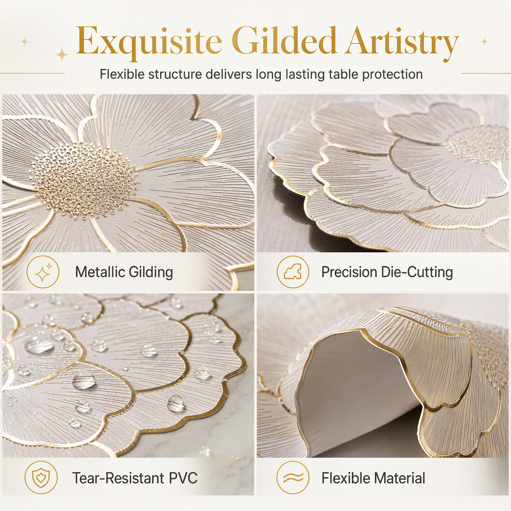 ⏳Limited-time 50% off💥Nordic Style Metallic Peony Flower PVC Placemat Heat Resistant Non Slip Waterproof Dining Table Mat 38cm