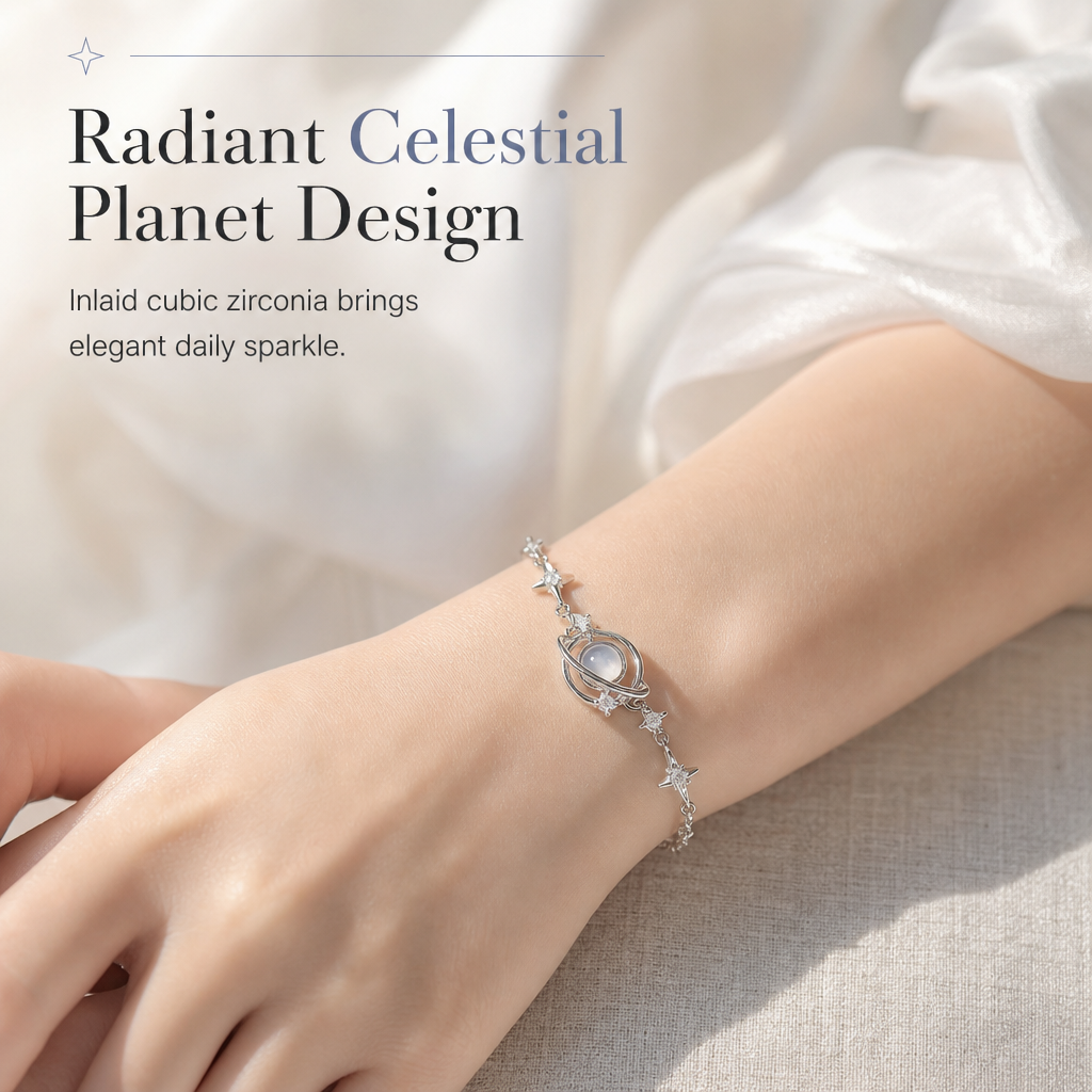 💥 S925 Sterling Silver Planet & Star Charm Bracelet – Crystal Inlaid Celestial Chain with Luminescent Planet Sphere & Pavé CZ Stars, Hypoallergenic Featherlight 5g Dainty Gift for Women & Girls 🪐