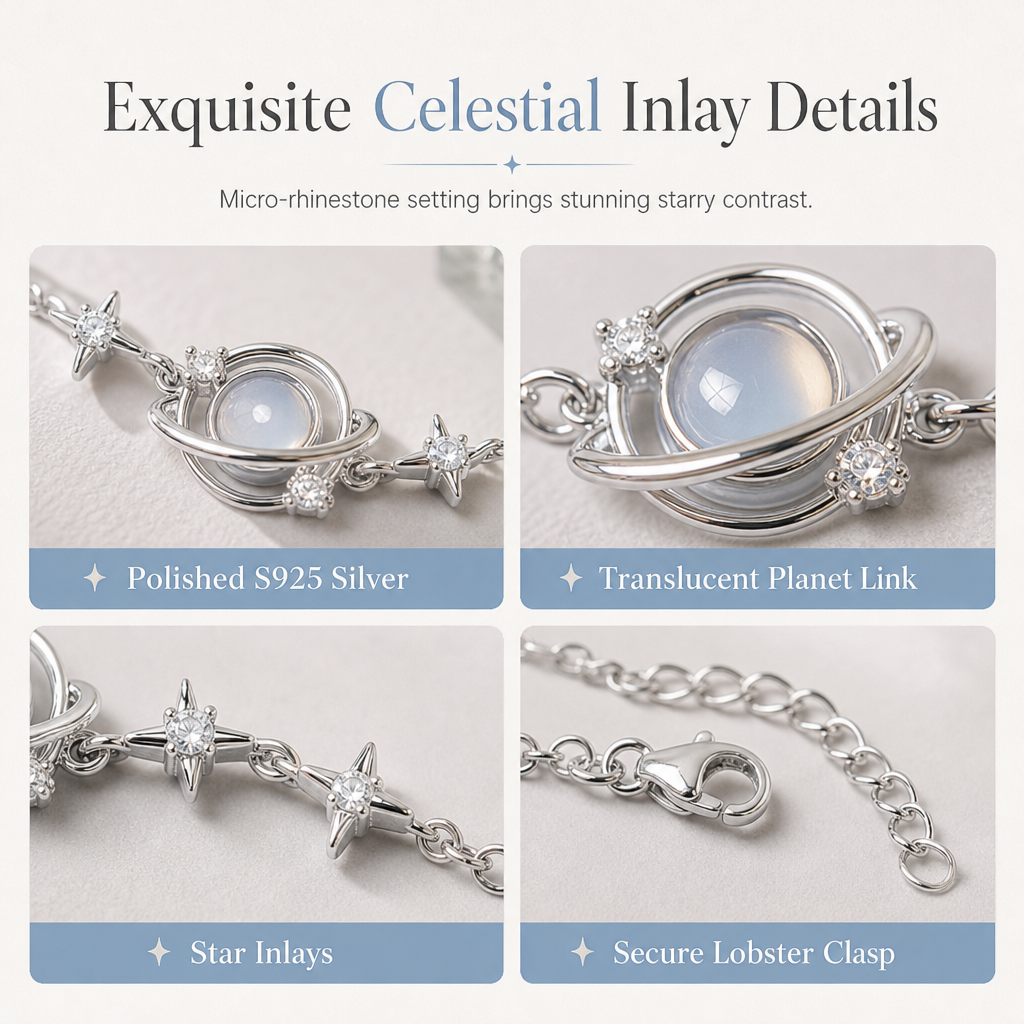 💥 S925 Sterling Silver Planet & Star Charm Bracelet – Crystal Inlaid Celestial Chain with Luminescent Planet Sphere & Pavé CZ Stars, Hypoallergenic Featherlight 5g Dainty Gift for Women & Girls 🪐