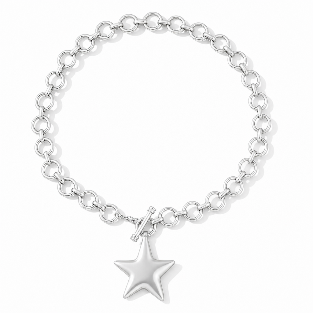 Trendy Textured Metal Wrinkled Star with Toggle Clasp Statement Collarbone Chain