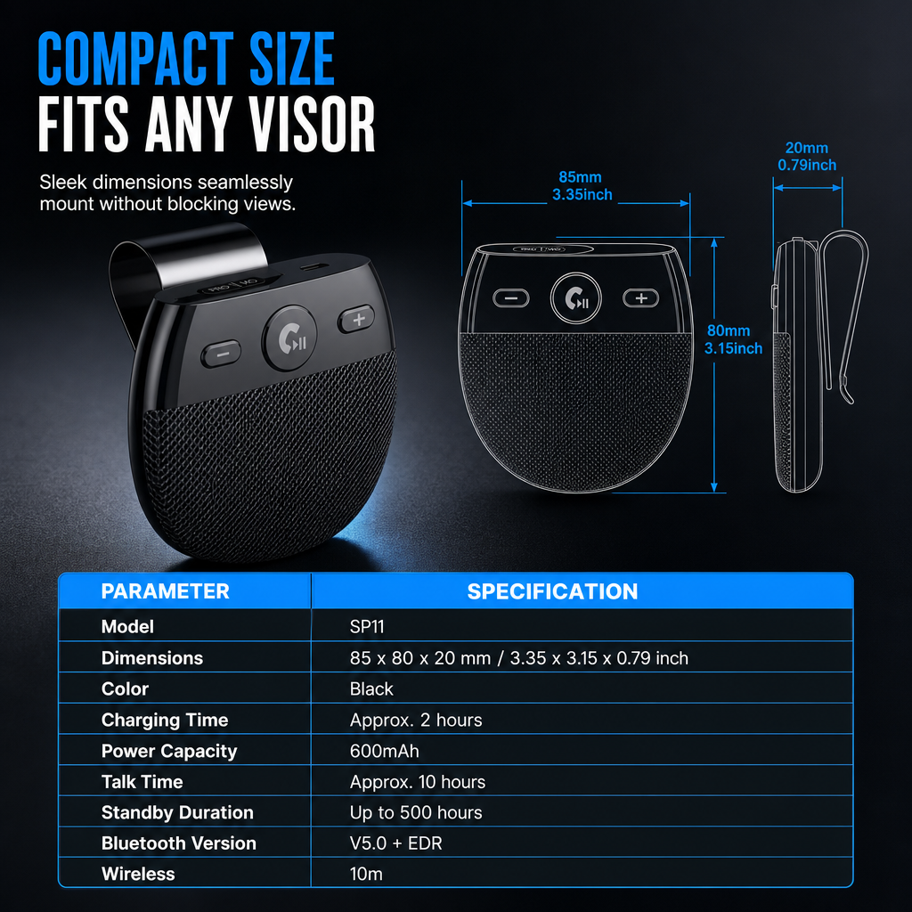 📢📢 50% OFF🚗SP11 Car Sun Visor Bluetooth Hands Free Speakerphone with Vibration Activated Auto Power On A2DP Support and Caller ID Voice Prompt