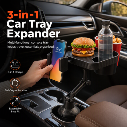 3 in 1 Multifunctional Car Cup Holder Phone Mount with Tray and Storage Organizer