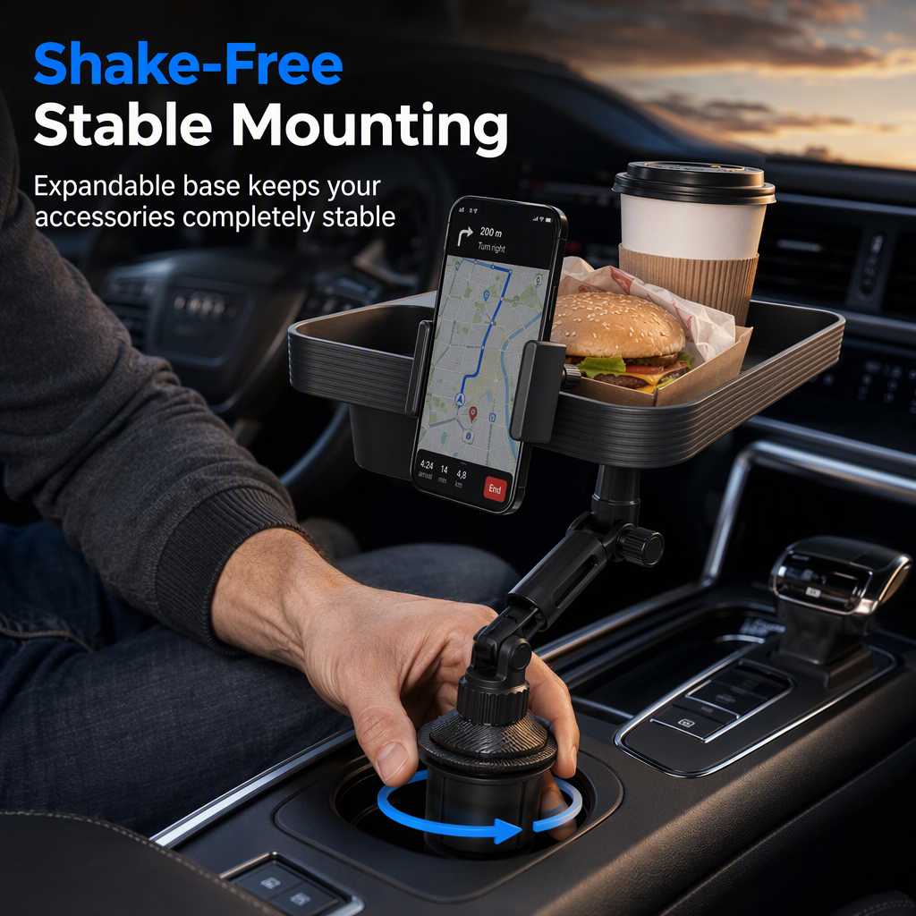 3 in 1 Multifunctional Car Cup Holder Phone Mount with Tray and Storage Organizer