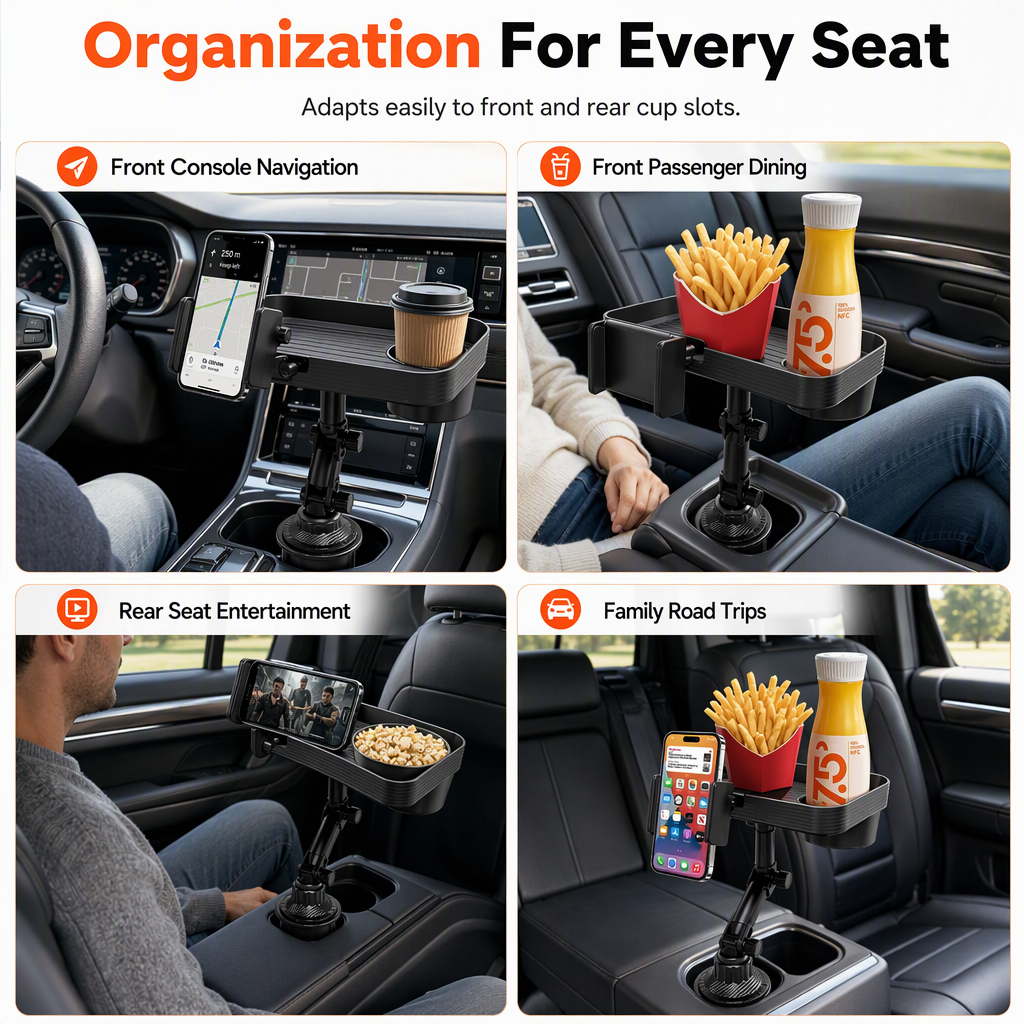3 in 1 Multifunctional Car Cup Holder Phone Mount with Tray and Storage Organizer