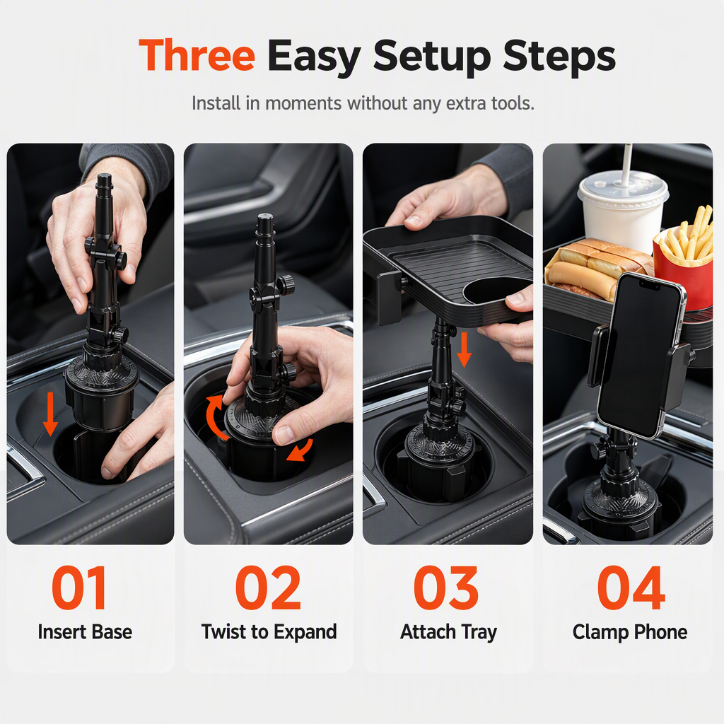 3 in 1 Multifunctional Car Cup Holder Phone Mount with Tray and Storage Organizer