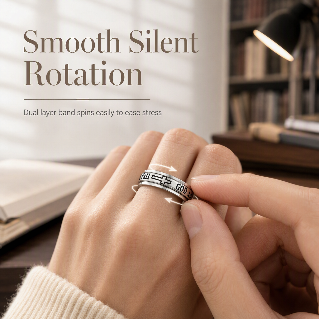📢📢50% OFF !! ⏰Silver Titanium Steel Spinner Ring with God Is Within Her She Will Not Fall Engraving