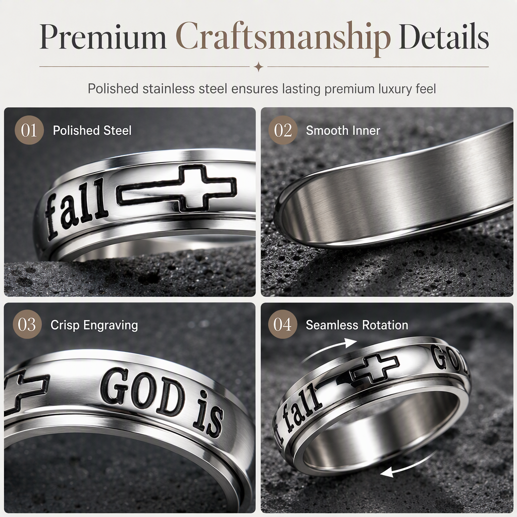 📢📢50% OFF !! ⏰Silver Titanium Steel Spinner Ring with God Is Within Her She Will Not Fall Engraving