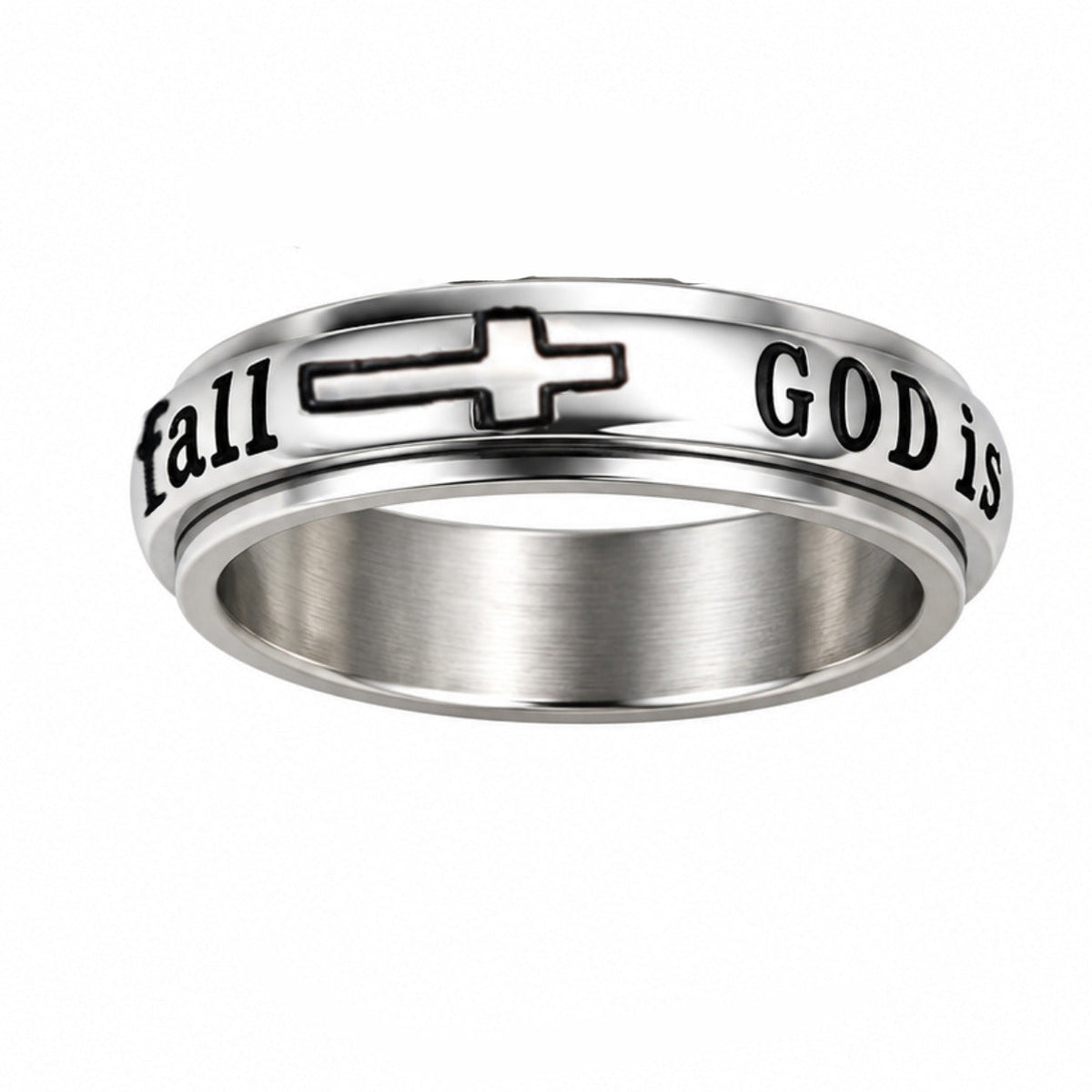 📢📢50% OFF !! ⏰Silver Titanium Steel Spinner Ring with God Is Within Her She Will Not Fall Engraving