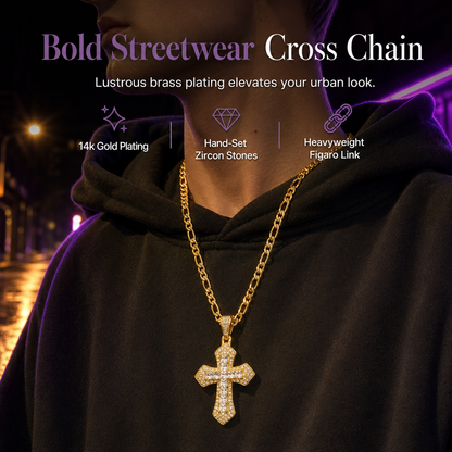📢📢50% OFF !! ⏰Hip Hop Double Layer Baguette Rhinestone Cross Brass with Figaro Chain
