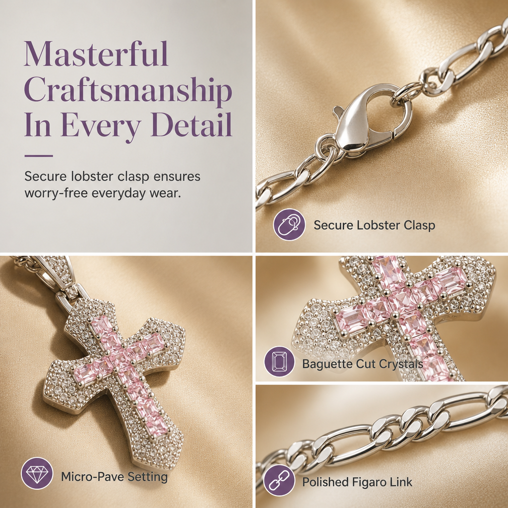 📢📢50% OFF !! ⏰Hip Hop Double Layer Baguette Rhinestone Cross Brass with Figaro Chain