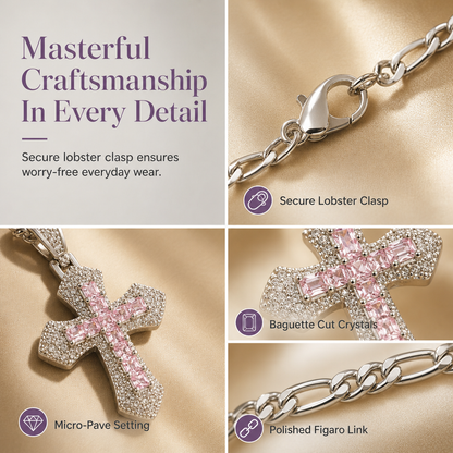 📢📢50% OFF !! ⏰Hip Hop Double Layer Baguette Rhinestone Cross Brass with Figaro Chain