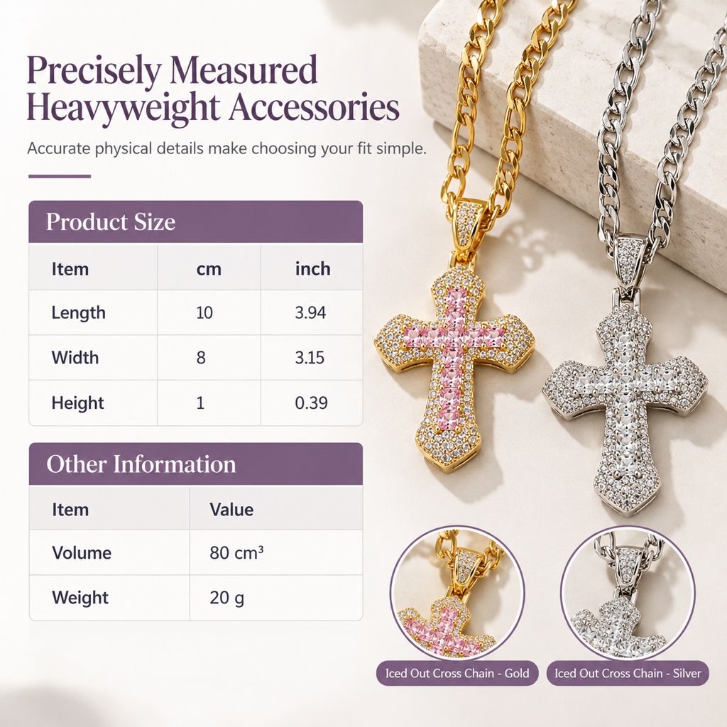 📢📢50% OFF !! ⏰Hip Hop Double Layer Baguette Rhinestone Cross Brass with Figaro Chain