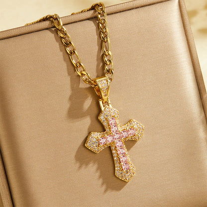 📢📢50% OFF !! ⏰Hip Hop Double Layer Baguette Rhinestone Cross Brass with Figaro Chain