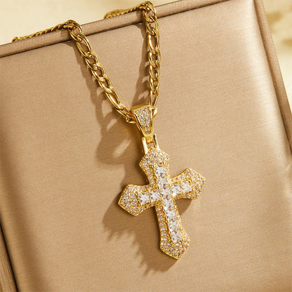 📢📢50% OFF !! ⏰Hip Hop Double Layer Baguette Rhinestone Cross Brass with Figaro Chain