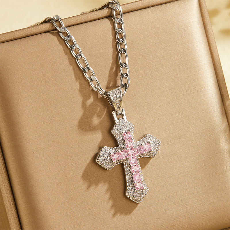 📢📢50% OFF !! ⏰Hip Hop Double Layer Baguette Rhinestone Cross Brass with Figaro Chain