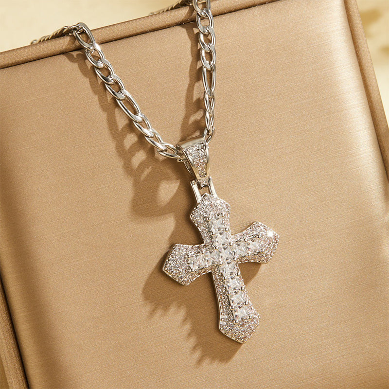 📢📢50% OFF !! ⏰Hip Hop Double Layer Baguette Rhinestone Cross Brass with Figaro Chain